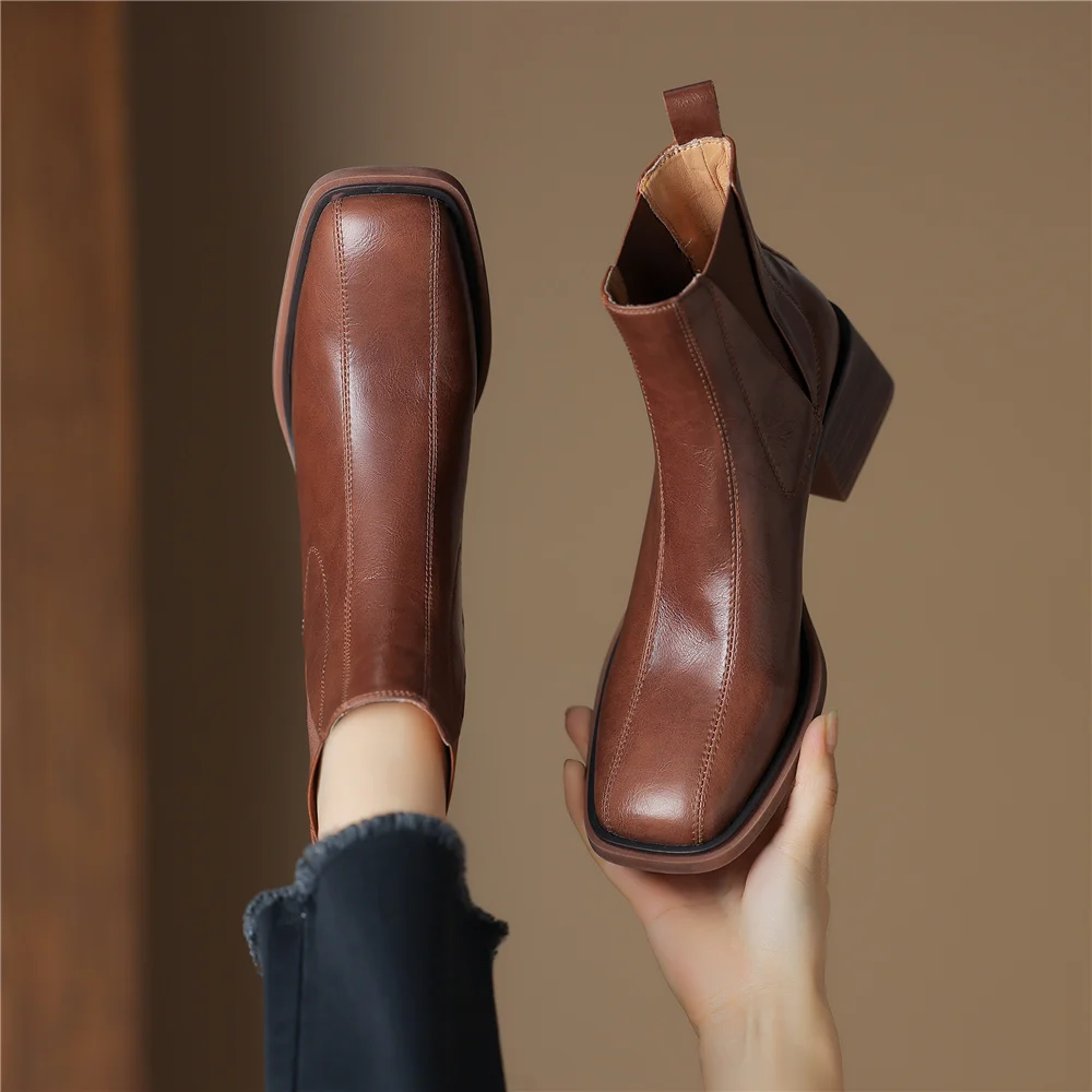 FEDONAS Concise Office Lady Short Boots Autumn Winter Genuine Leather Shoes Woman Square Toe Thick Heels Basic Women Ankle Boots