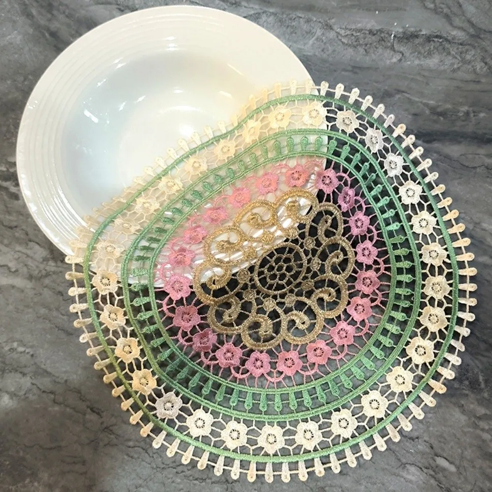 Vintage Embroidery Lace Doily Placemat Colorful Mandala Embroidered Table Doily Hollow Round Table Cup Mat Wedding Banquet