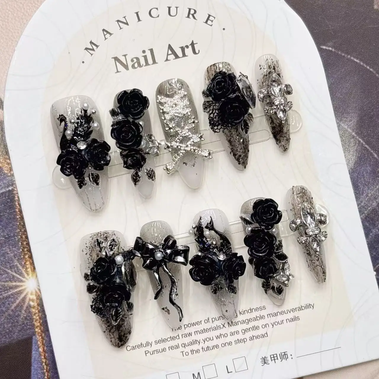 Gothic Dark 3D Black Rose Handmade Press‑on Nails Long Coffin Fake Nails With Snake Charm Black Bow Rhinestone Lace Decor Reusab