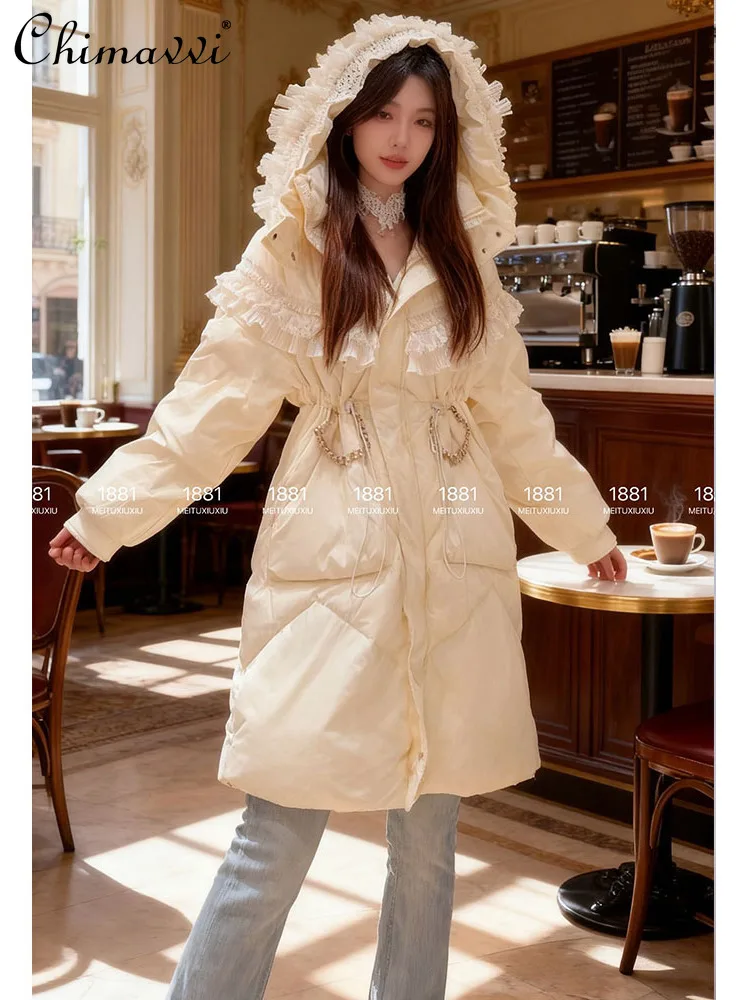 Doudoune mi-longue douce pour femme, manteau d'hiver en duvet de canard, artisanat lourd, luxe européen, strass, dentelle, volants, épissage, nouvelle collection