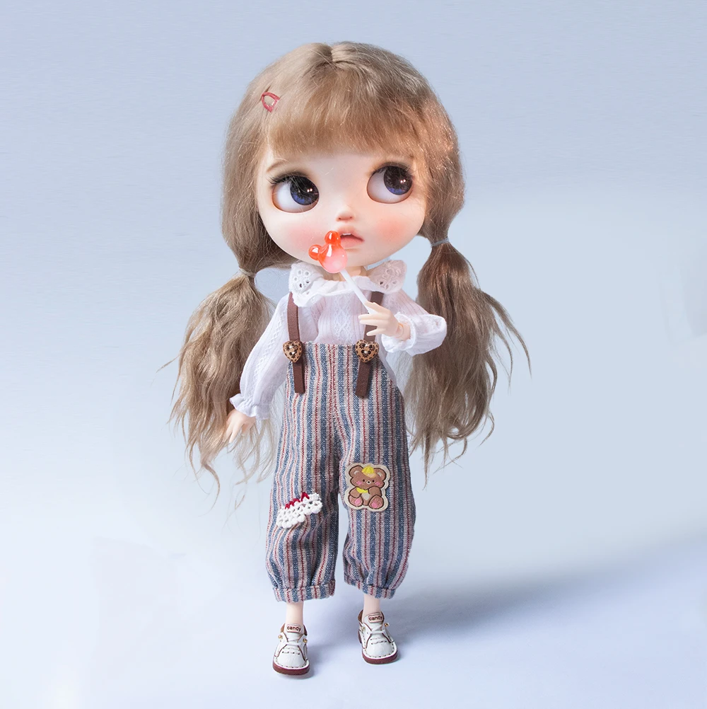 Blyth Clothing Casual Plaid Overalls Jumpsuits Pants Long Sleeve Lapel Shirts for Ymy Licca Azones Ob22 24 Ob27 Doll Accessories