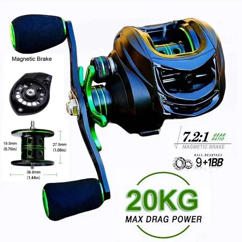 Proberos Fishing Reel 7.2 1 Gear Ratio Max Drag 20kg Baitcasting Reel with Aluminum Spool  Lure Freshwater Pesca