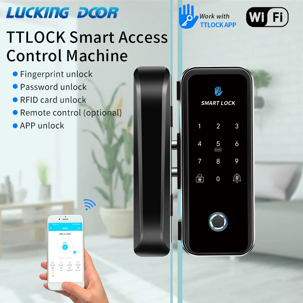 WIFI Ttlock Smart Wooden Glass Door Lock Remote Unlock Fingerprint App Card Password Remote Control Alarm Locked Electronic Lock