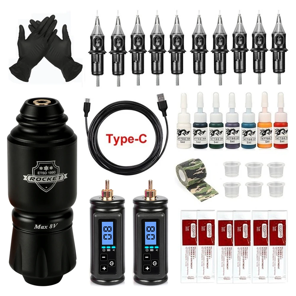 

Professional Tattoo Kit Complete Tattoo Power Supply Wireless Rocket Mini Tattoo Machine Pen With Cartridge Needles Accessories