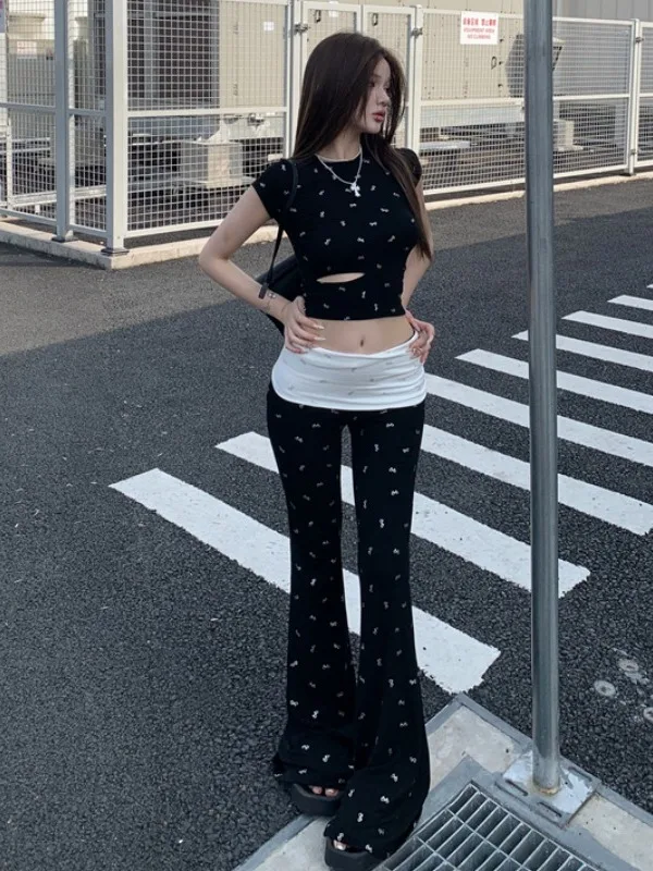 Sexy Sweet And Spicy Short Sleeve Hollow out T-Shirt Top And Straight Leg Floor Length Pants Set for Young Women Summer Fashi...