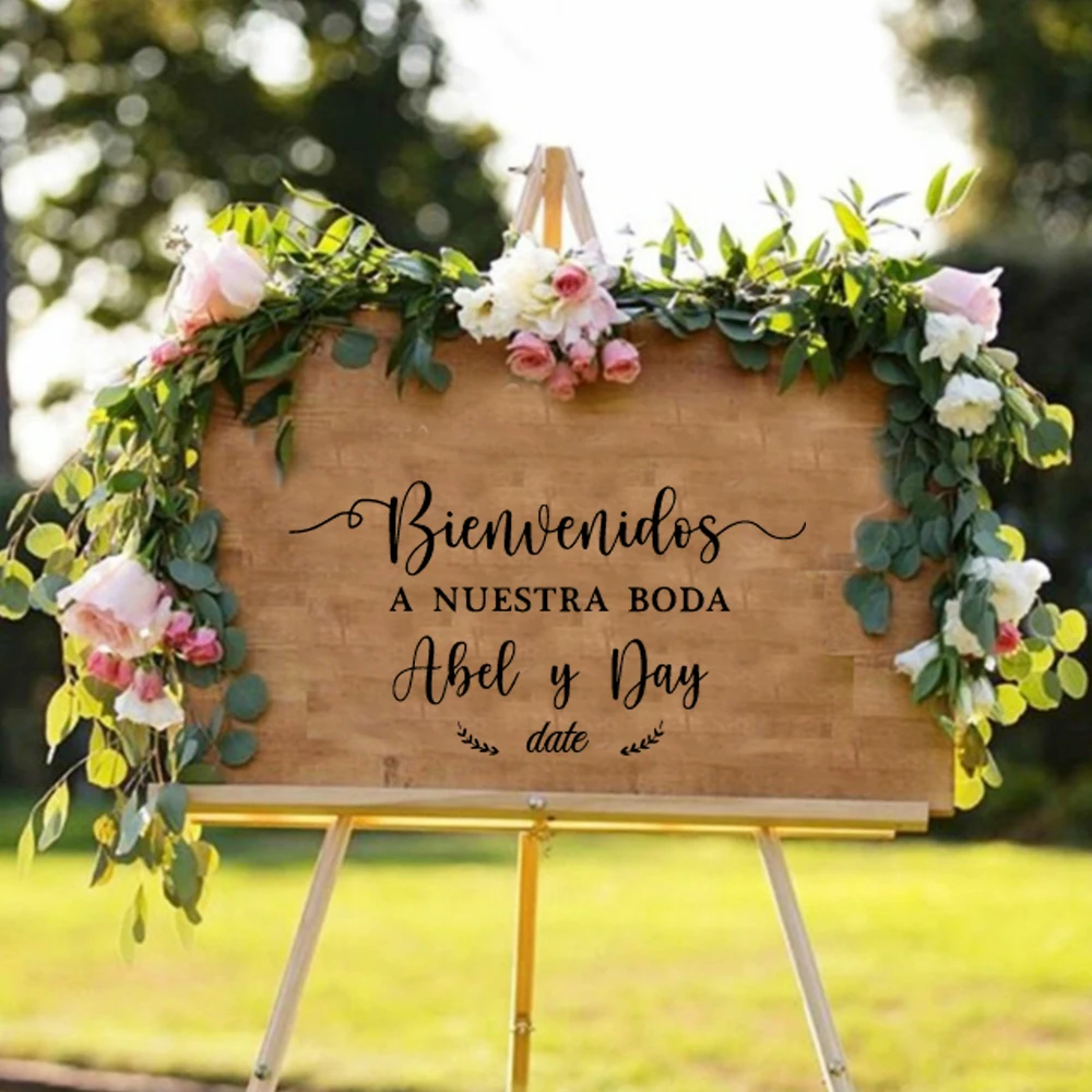 Vinil decalques com nomes personalizados, vinil adesivos, bem-vindo espelho placa, casamento personalizado casamento sinal, legal casamento espanhol, 1 PC