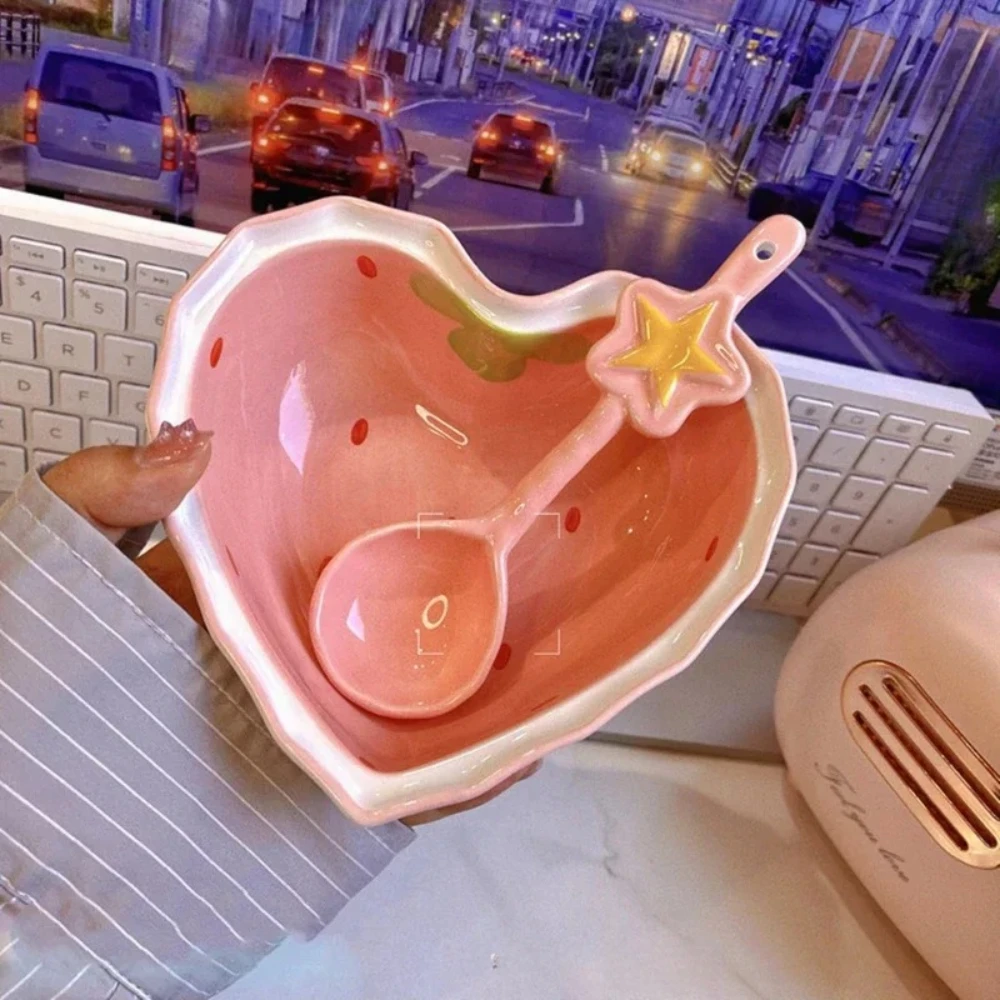 

Strawberry Lamian Noodles Bowl And Spoon Creative Ceramic Hot Instant Noodles Lovely Strawberry Bowl Beautiful Kitchen Utensils