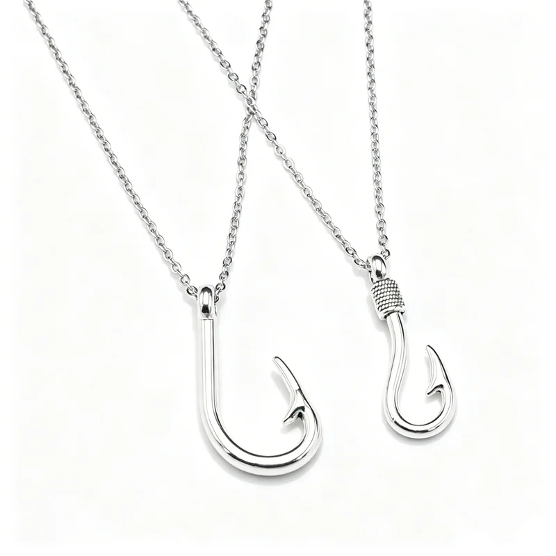 Fish Hook Pendant Necklace - Alloy Hook & Stainless Steel Chain, 2 Styles Unisex Ocean Surfer Jewelry