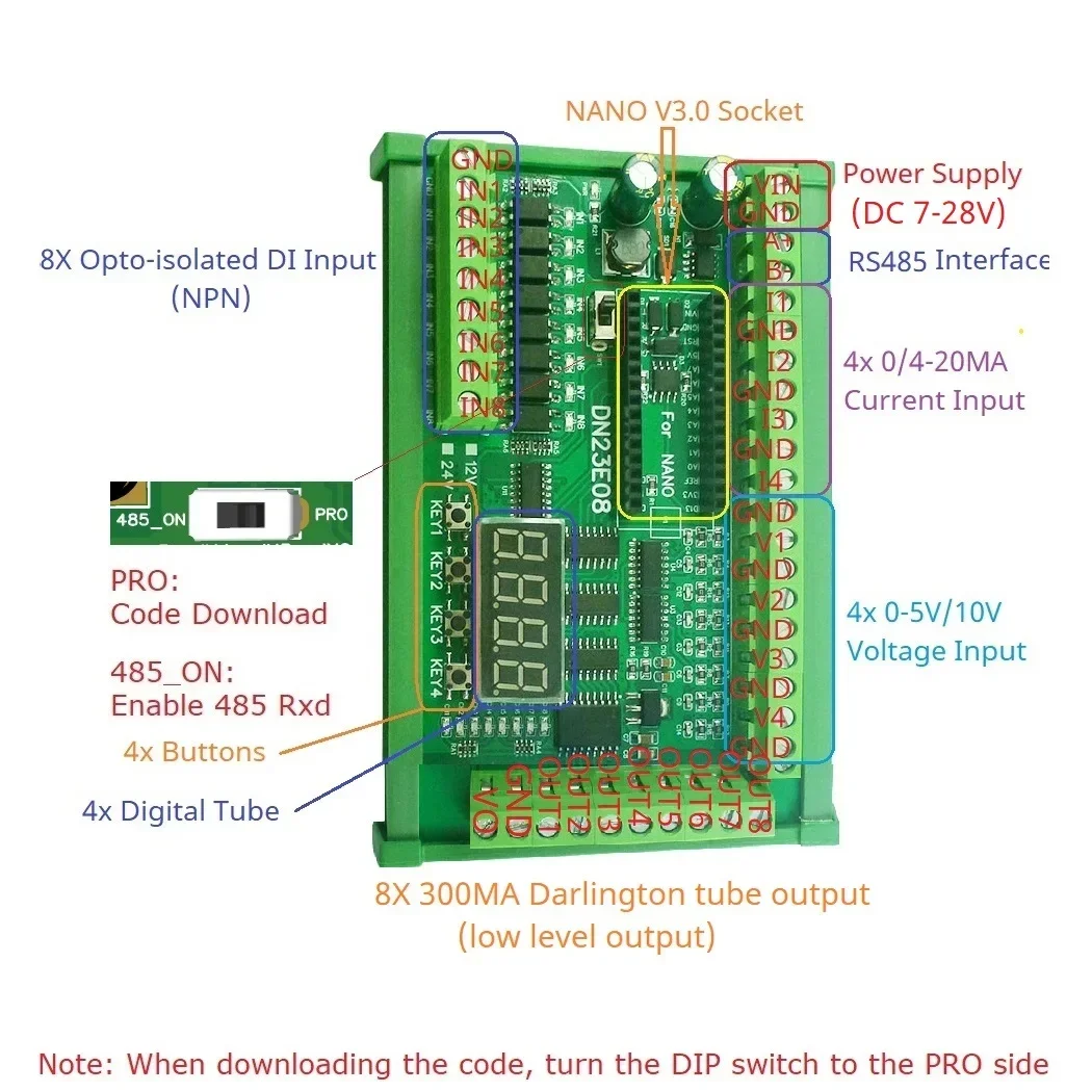 وحدة توسيع IO متعددة الوظائف 8AI-8DI-8DO لـ ARDUINO NANO V3.0 RS485 Modbus RTU مفتوحة PLC LED مستشعر الجهد الحالي