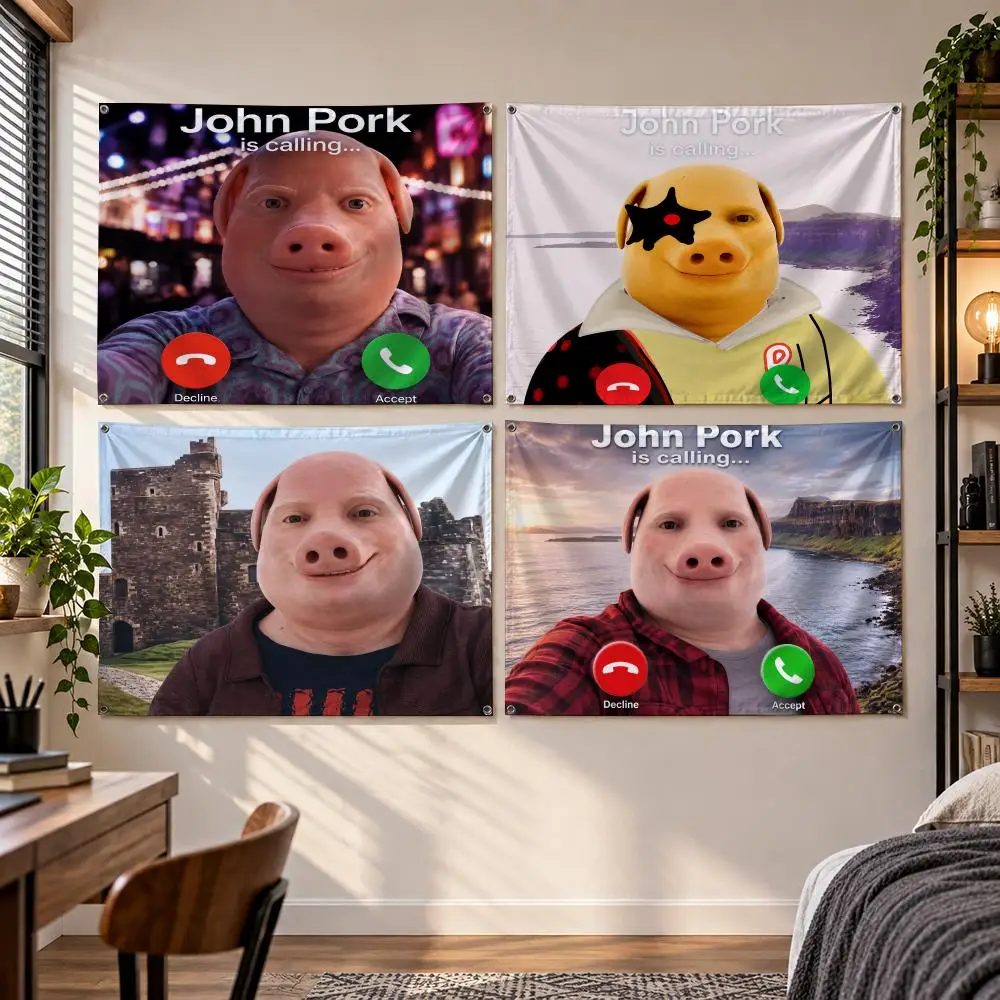 Meme Funny Viral Internet Surreal Bold J-John Pork Flags Banner Decor for Bedroom,Garden,Party,Club,Gaming Room,Indoor Outdoor