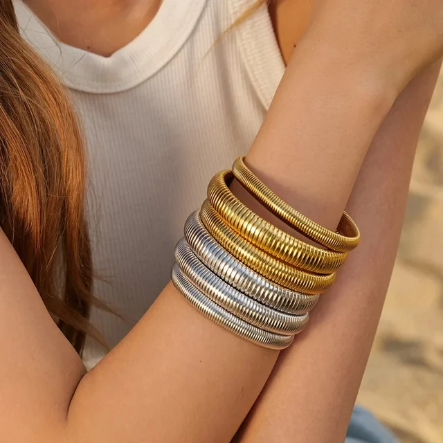 Tekstura ze stali nierdzewnej Flex wąż łańcuszek bransoletka mankietowa 18-karatowe pozłacane szeroka bransoletka Bangle moda biżuteria dla kobiet prezenty