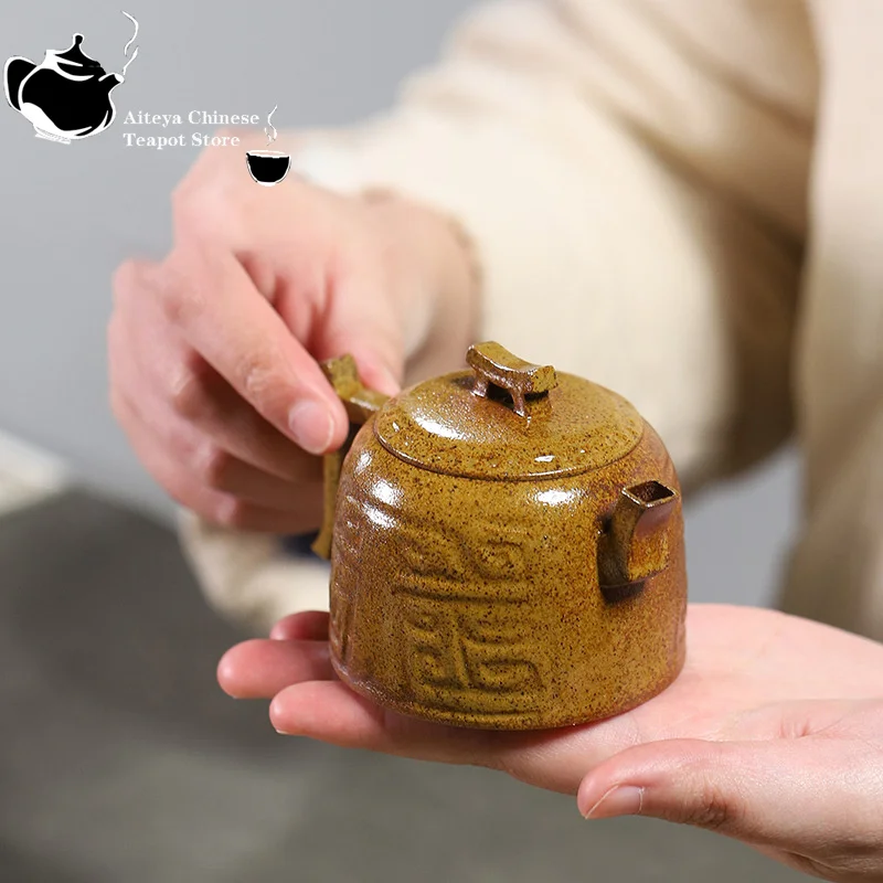 Yixing handmade purple clay teapot, original ore section, mud wood fired, ancient pattern, golden bell, kung fu tea set, Chinese
