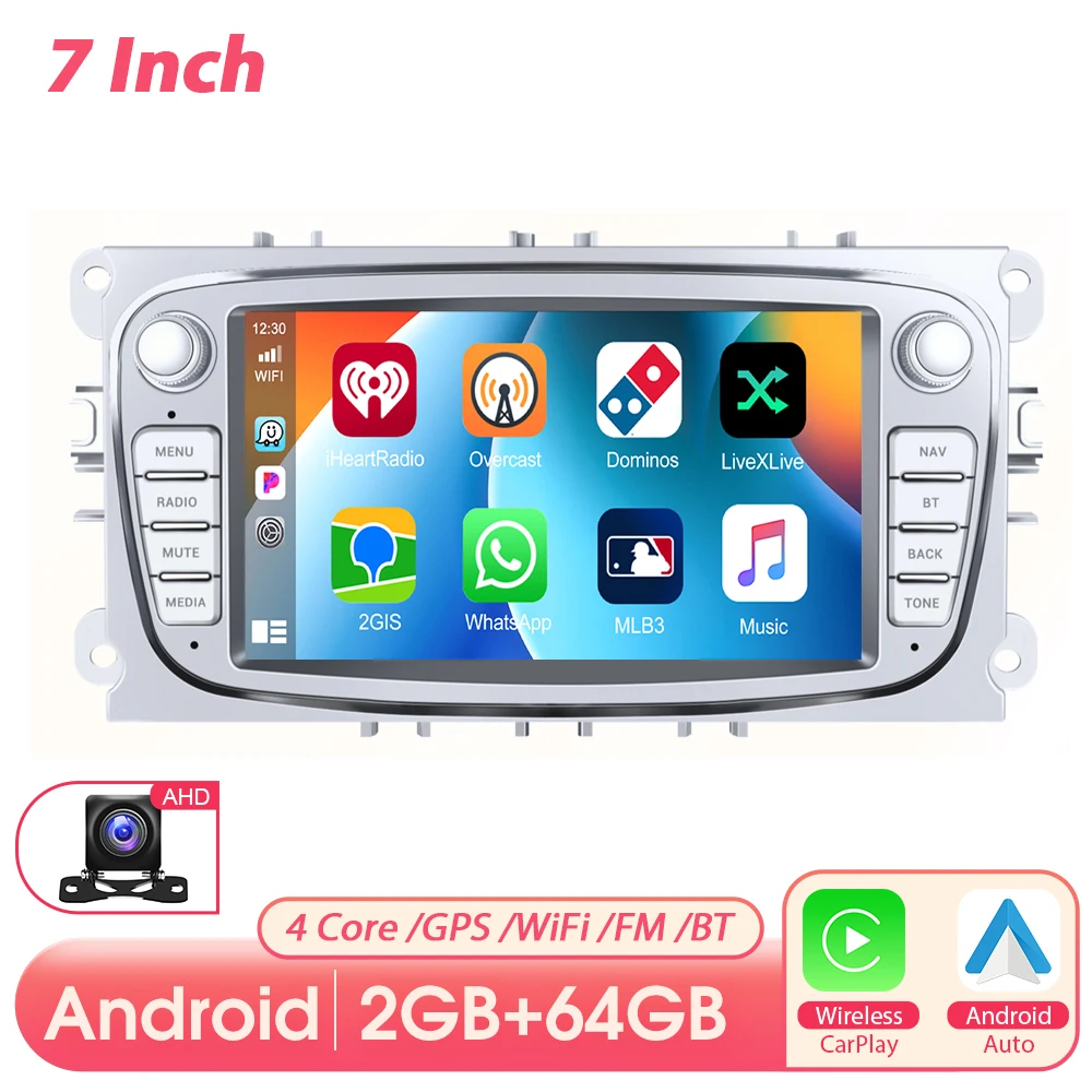 Podofo 2Din 7 inch autoradio 2+64GB multimediaspeler Carplay Android Auto voor Ford Focus Mondeo C-MAX S-MAX Galaxy II Kuga