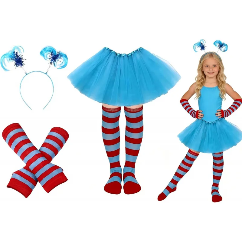 4 pcs set kids girls Blue Dress Cosplay Costume  Includes Sheer Mini Skirt, Striped Stockings, Elastic Gloves and Hair Ribbon