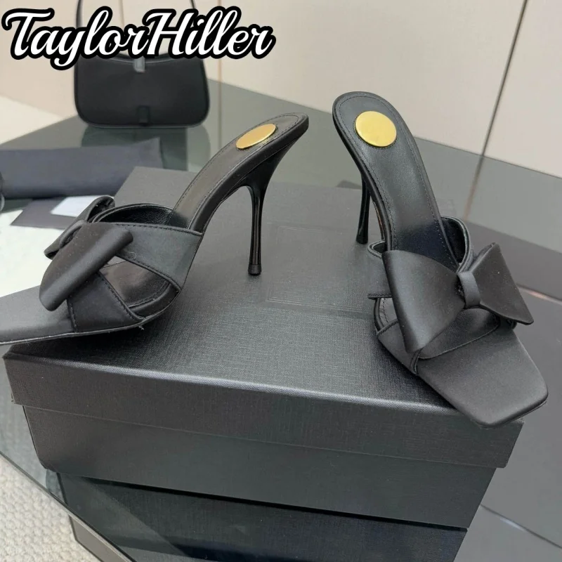 الساتان الأسود فراشة عقدة البغل الصنادل الفاخرة النساء الانزلاق على عالية الكعب مثير النعال الخارجية الصيف 7 9 سنتيمتر الصلبة مربع حذاء مزود بفتحة للأصابع