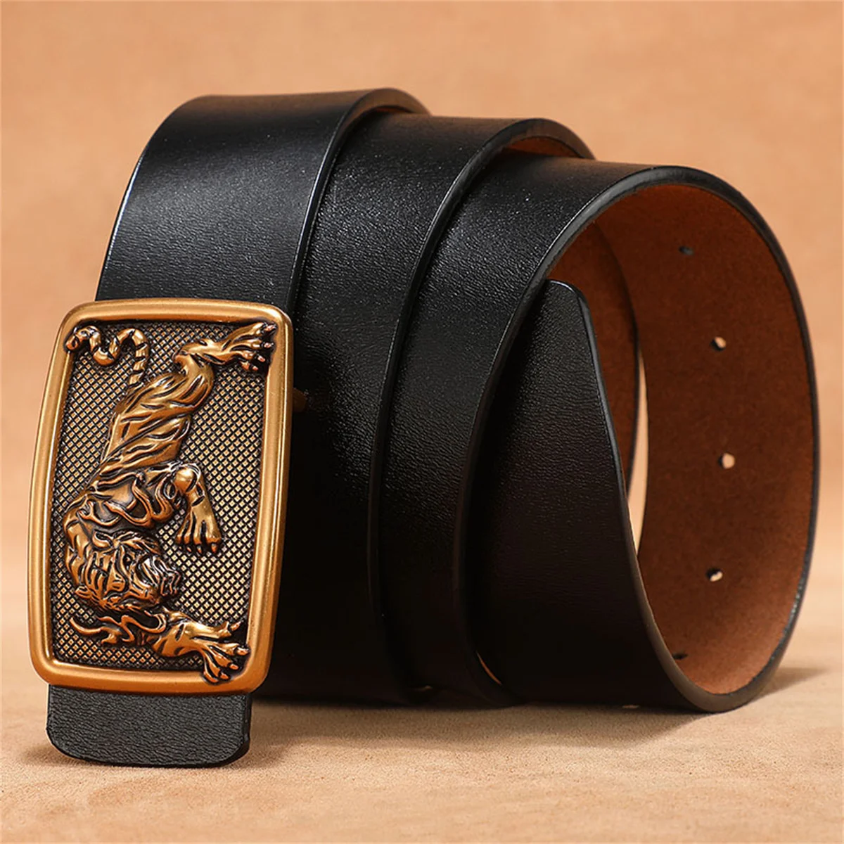 

Tiger gold needle buckle belt, men's pure cowhide retro denim belt, extended oversized belt