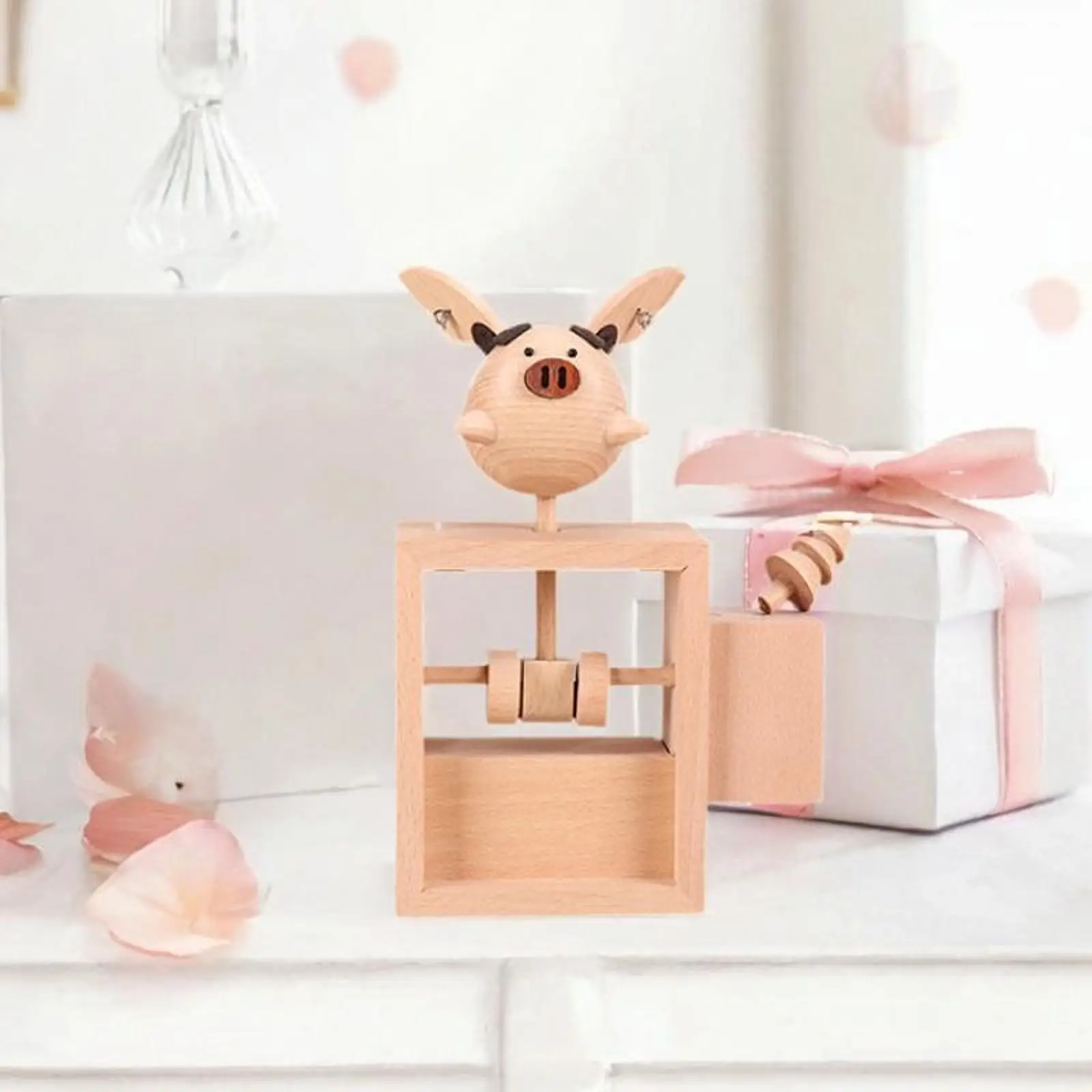 Wooden Pig Ornament Retro Cute Animal Figurines Decorative Figurine Creative for Bookshelf Office Desktop Housewarming