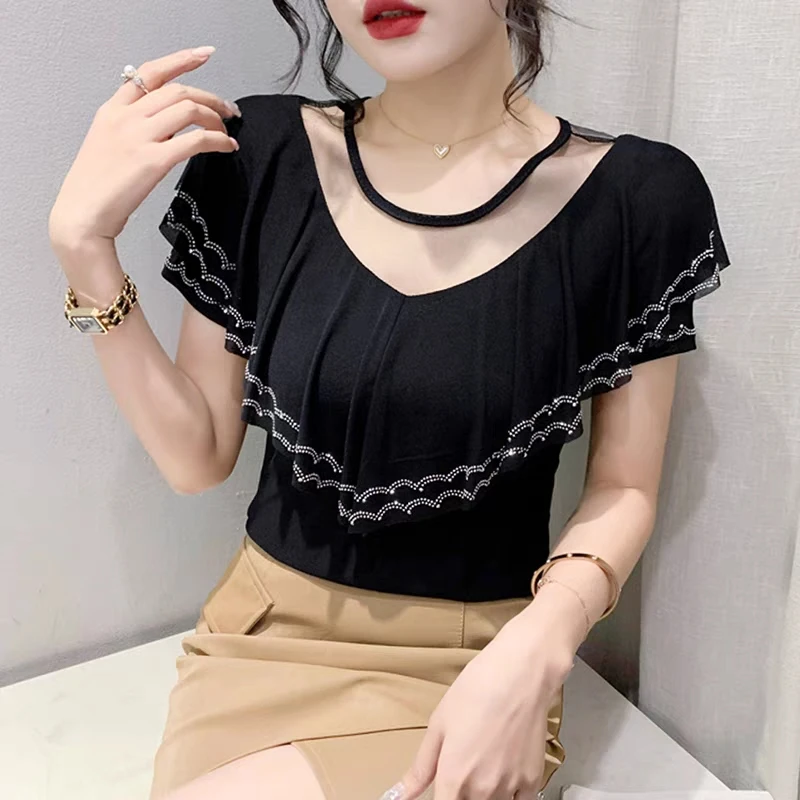 Fashion Summer European Clothes T-Shirt Chic Sexy Ruffles Shiny Diamonds O-Neck Tees Hot Drilling Short Sleeves Elastic Tops