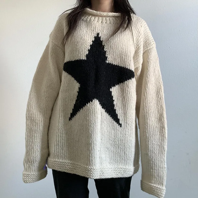 

Autumn/Winter Pentagram Printed Pattern Women's Y2K Round Neck Loose Harajuku Retro Fashion Knitted Top Sweater New trend emo