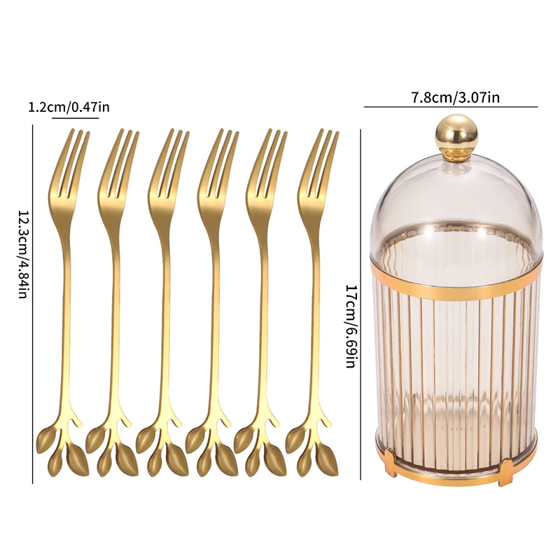 7pcs Fruit fork light luxury household set stainless steel cake fork with jar small plate advanced fruit sign storage box