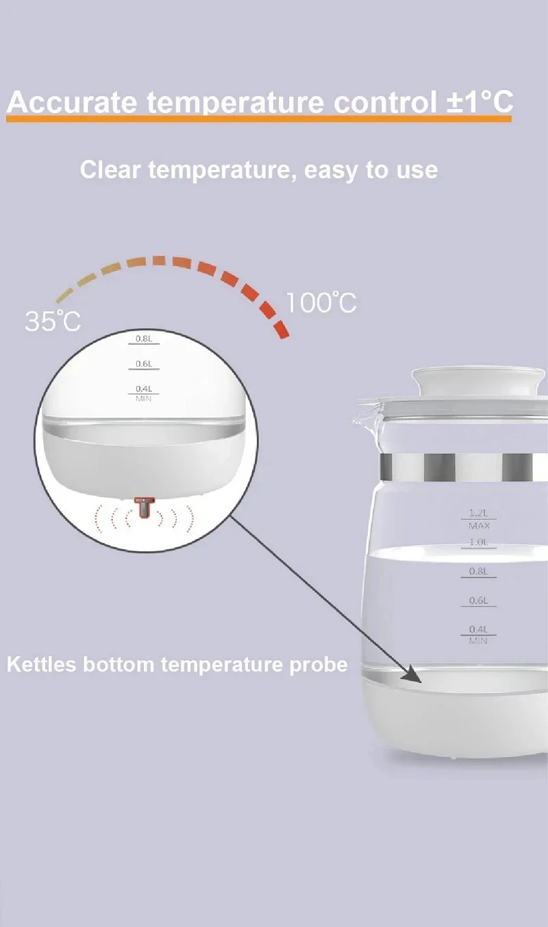 1200ml Smart Constant Temperature Milk Regulator Glass Kettle Baby Milk Powder Electric Kettle Multifunctional Milk Warmer 220V