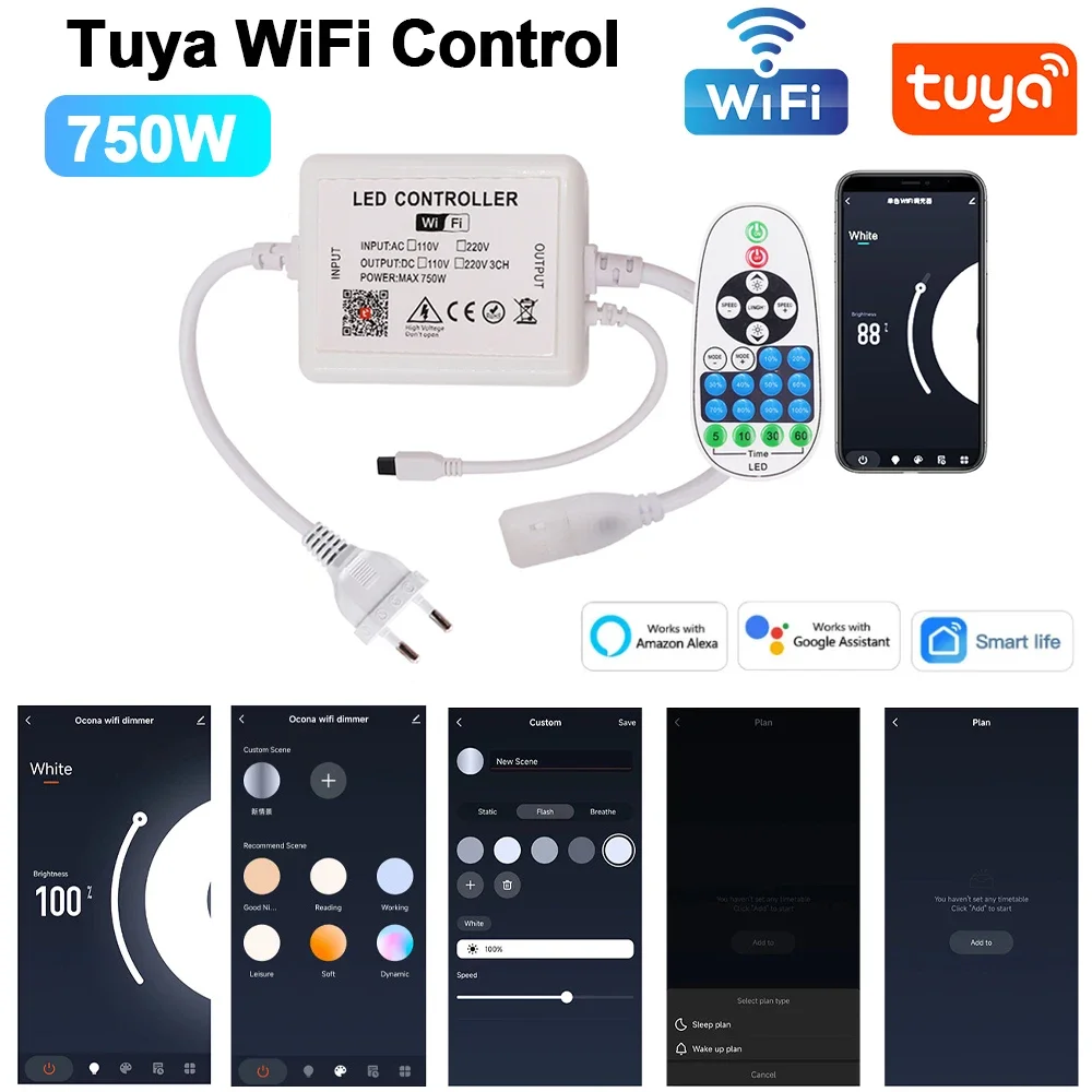 750W Music Wifi Bluetooth Dimmer Controller US 110V EU AU UK 220V For 8mm PCB Width 288LEDs/m 360LEDs/m No Wires COB LED Strip