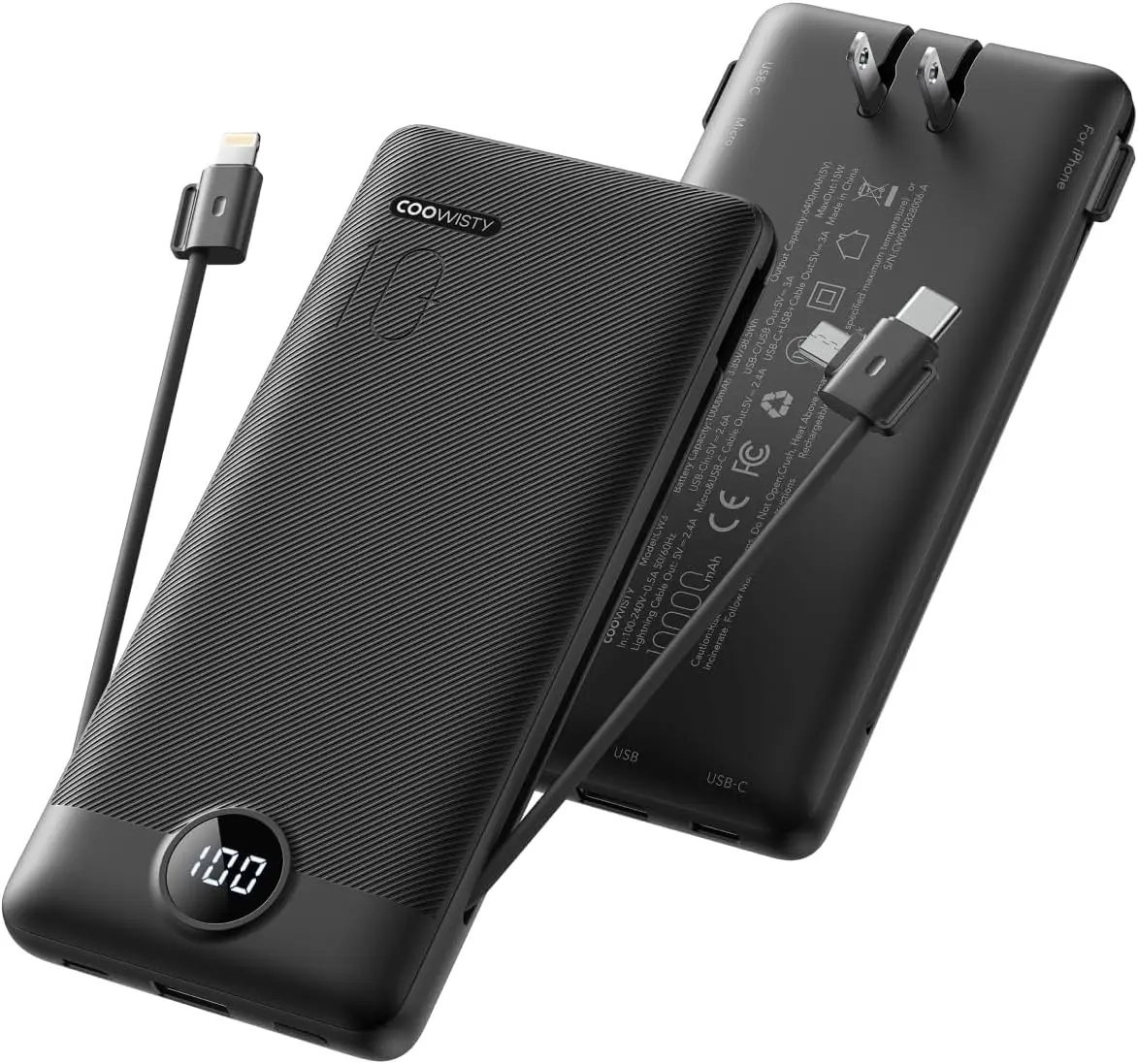 

Тонкий внешний аккумулятор Slim 10000 мАч с USB-C, встроенными кабелями и LED-дисплеем, совместим с устройствами iPhone/Android (черный)