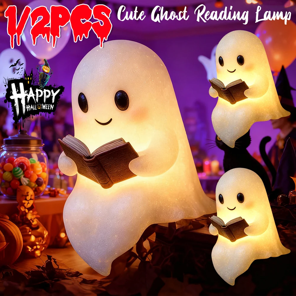 Cute Ghost Reading Book Lamp Glowing Middle Finger Ghost Statue LED Night Light Desktop Resin Ornaments Halloween Home Decoratio
