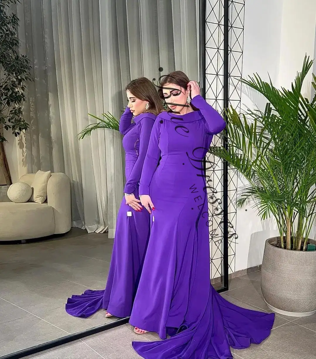 

customized Mermaid Prom Dresses Long Sleeves O-Neck Backless Party Gowns Vestidos De Fiesta Pleated Floor Length Evening Dresse