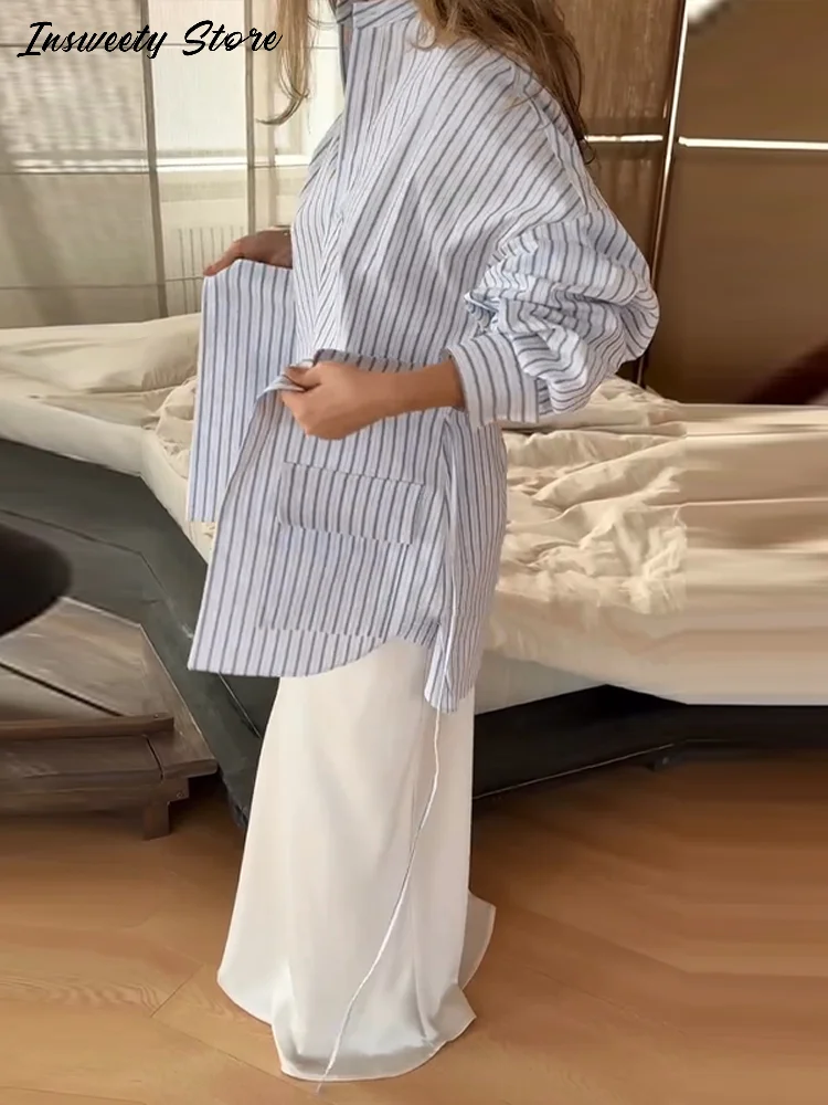 Fashion Striped Stand Collar Shirt With Detachable Tie Hem Women Long Sleeve Blouse 2026 Summer New Lady Casual Style Cozy Top