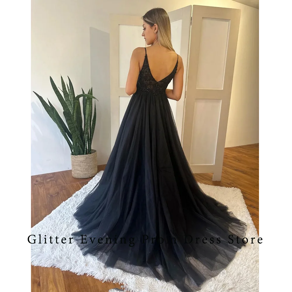 Black Elegant Sexy Prom Dresses For Women V-Neck A-Line Tulle Sweep Train Beading Backless Custom Birthday Evening Party Grows