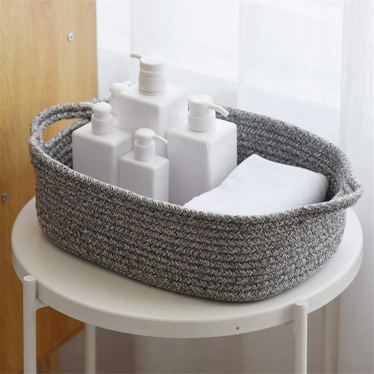 Rectangular Cotton Rope Storage Basket Toy Storage Basket Bathroom Storage Basket, A