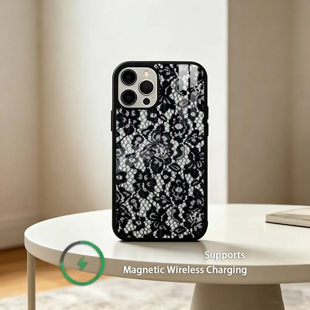 Vintage L-Lace Fabric Pattern Phone Case For iPhone17,16,15,14,13,12,11 Plus,Pro Supports Magnetic Wireless Charging