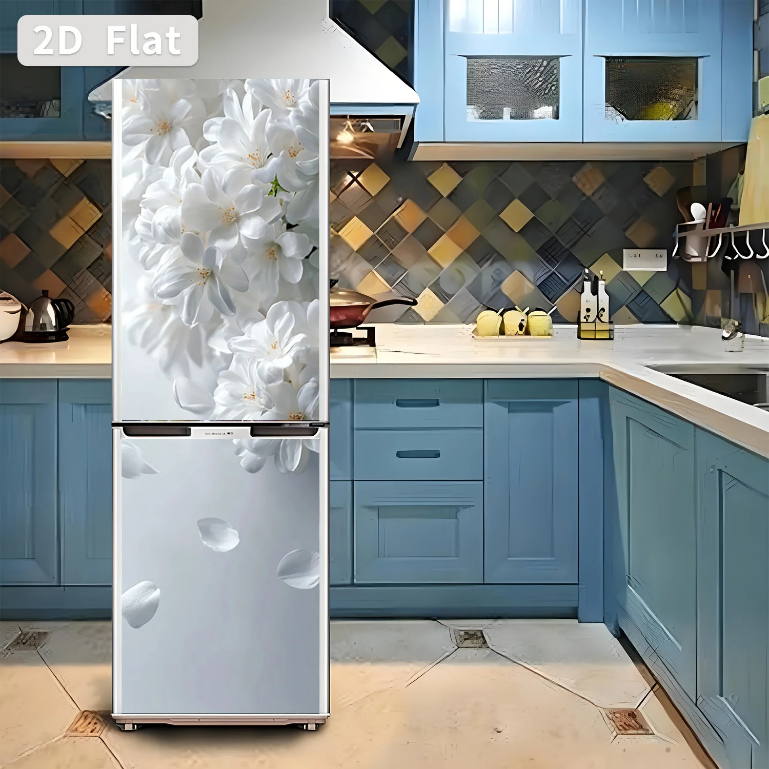 Refrigerator Sticker White Floral Pattern Themed Design Wall Decal Self-Adhesive Wallpaper Suitable for Cabinets and Wardrobes