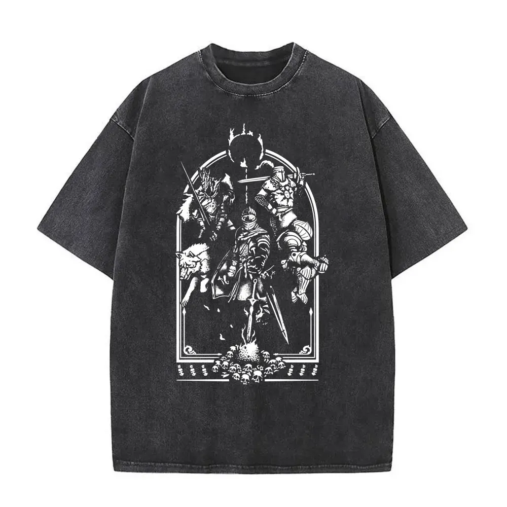 

Washed Vintage Game Dark Souls Praise The Sun T-shirt Men Women Gothic Rock Short Sleeve T-shirts Men's Casual Cotton T Shirts