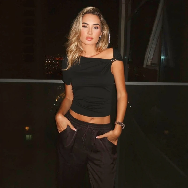 

Women's t-shirt summer 2025 crop top Short sleeve Off shoulder casual fashion youth blouses tight tops streetwear free shipping