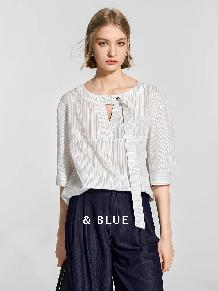 

Bie Classic Striped Metal Bule Sa V-Ne Split Bubble Sve Top Women Casual Summer ort Sve Cotton Blend irt