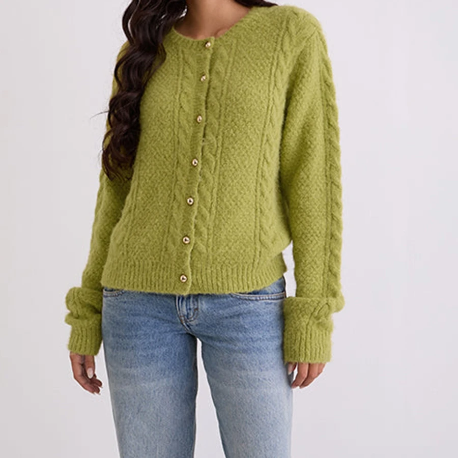 Cárdigan de punto de manga larga de Color sólido a la moda informal para mujer, cárdigans ligeros con botones y cuello redondo