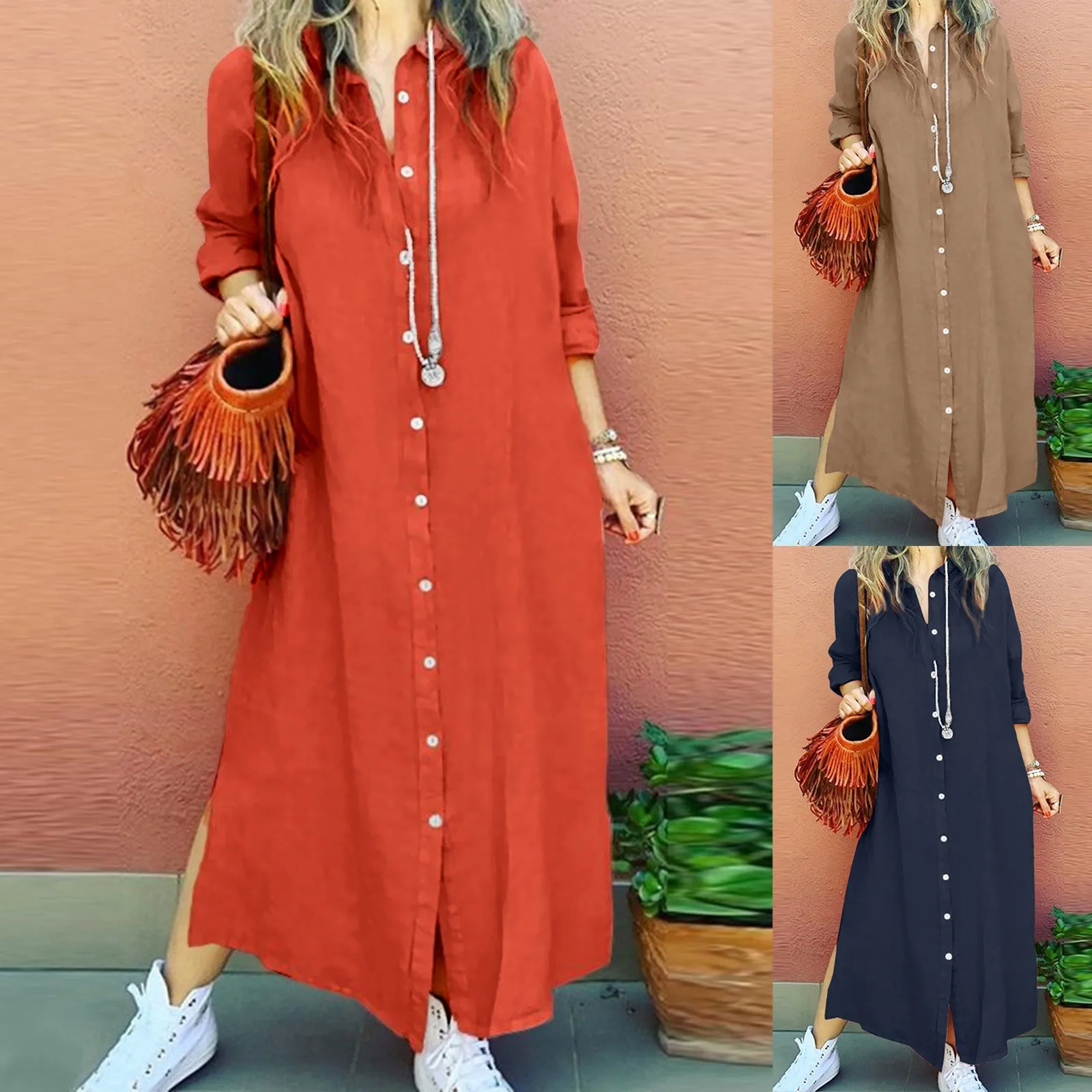 Elegant Long Sleeve Shirt Dress Women Dress Fashion Cotton Lapel Neck Dress Solid Single Breasted Maxi Dress Robe Femme Vestido