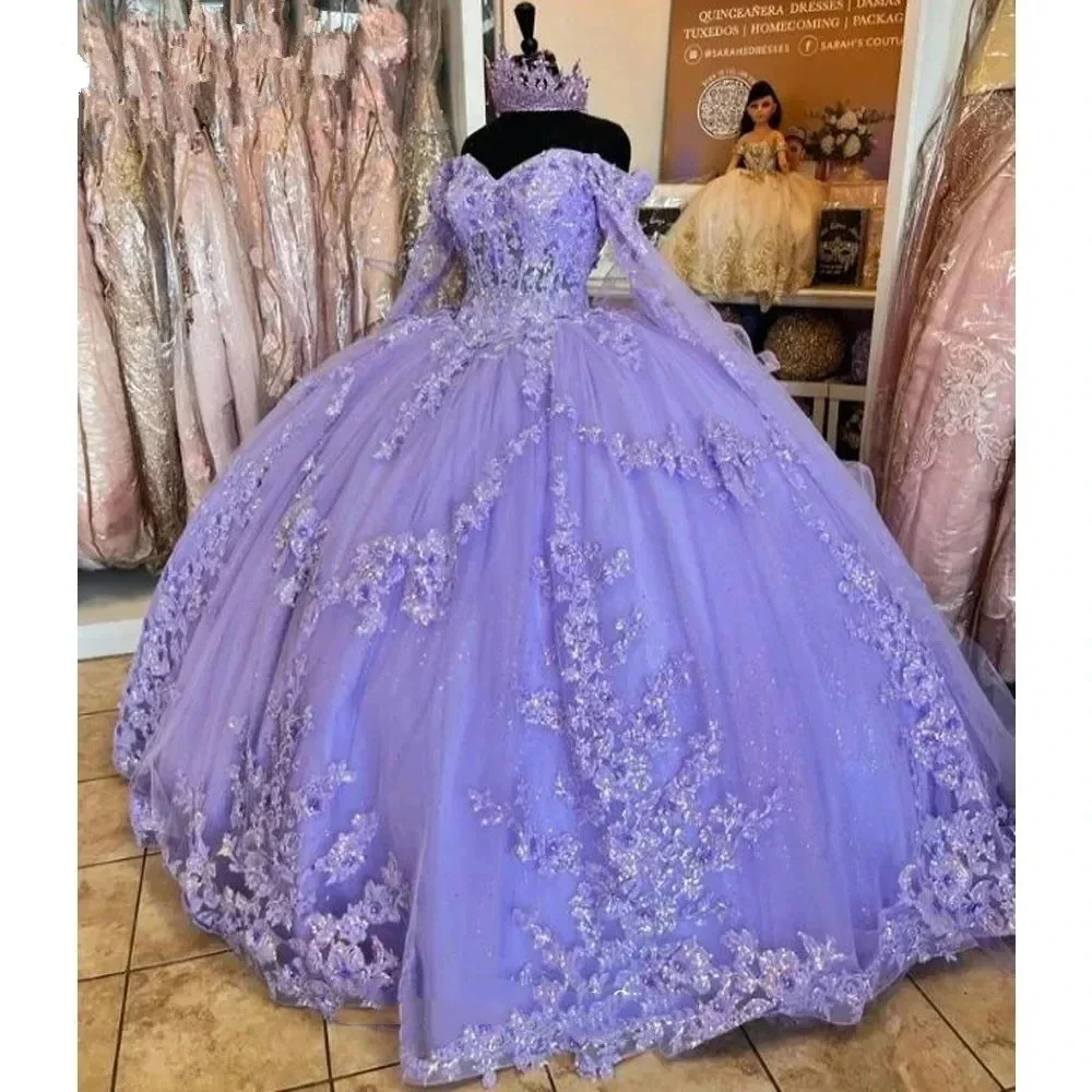 فساتين اللافندر Quinceanera المتألقة ، ثوب حفلة الأميرة ، زخارف زهور ثلاثية الأبعاد ، حفلة عيد ميلاد ، حفلة موسيقية ، مشد 15 عامًا