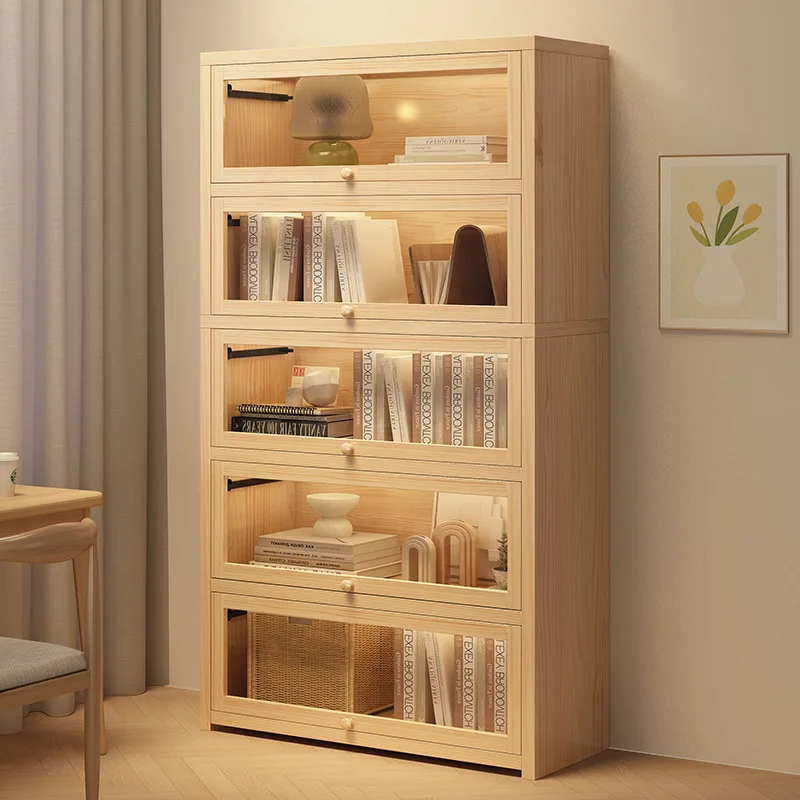 Bookshelf Solid Wood Bookcase Locker Integrated Wall With Door Display Cabinet Dust-proof Locker Simple Floor Rack