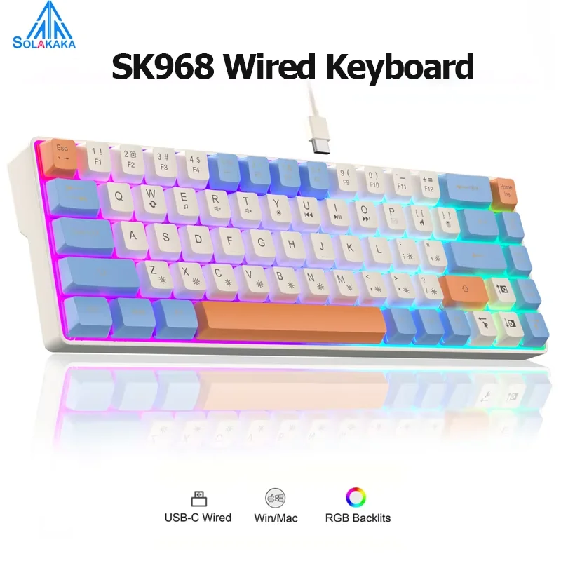 

SOLAKAKA SK968 Wired Keyboard Optical Switches RGB Backlit Keycaps 60% Compact Office Computer Membrane Gaming Keyboard Portable