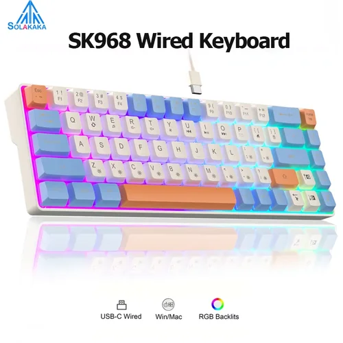 SOLAKAKA 유선 키보드 광학 스위치, RGB 백라이트 키캡, 60% 컴팩트 사무실 컴퓨터 멤브레인 게임용 키보드, SK968 