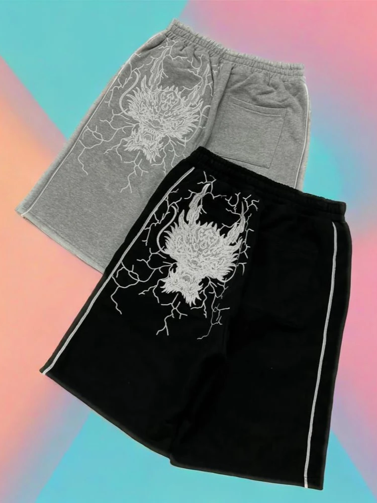

Уличные ретро и уникальные модные брюки средней длины в стиле хип-хоп с принтом дракона для мужчин и женщин, повседневные свободные спортивные брюки