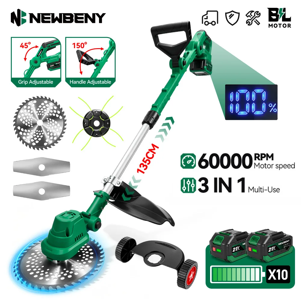 NEWBENY Bürstenloser elektrischer Rasenmäher, 60000 U/min, Rasentrimmer, längenverstellbares Garten-Elektrowerkzeug für Makita 21 V Batterie-Pin