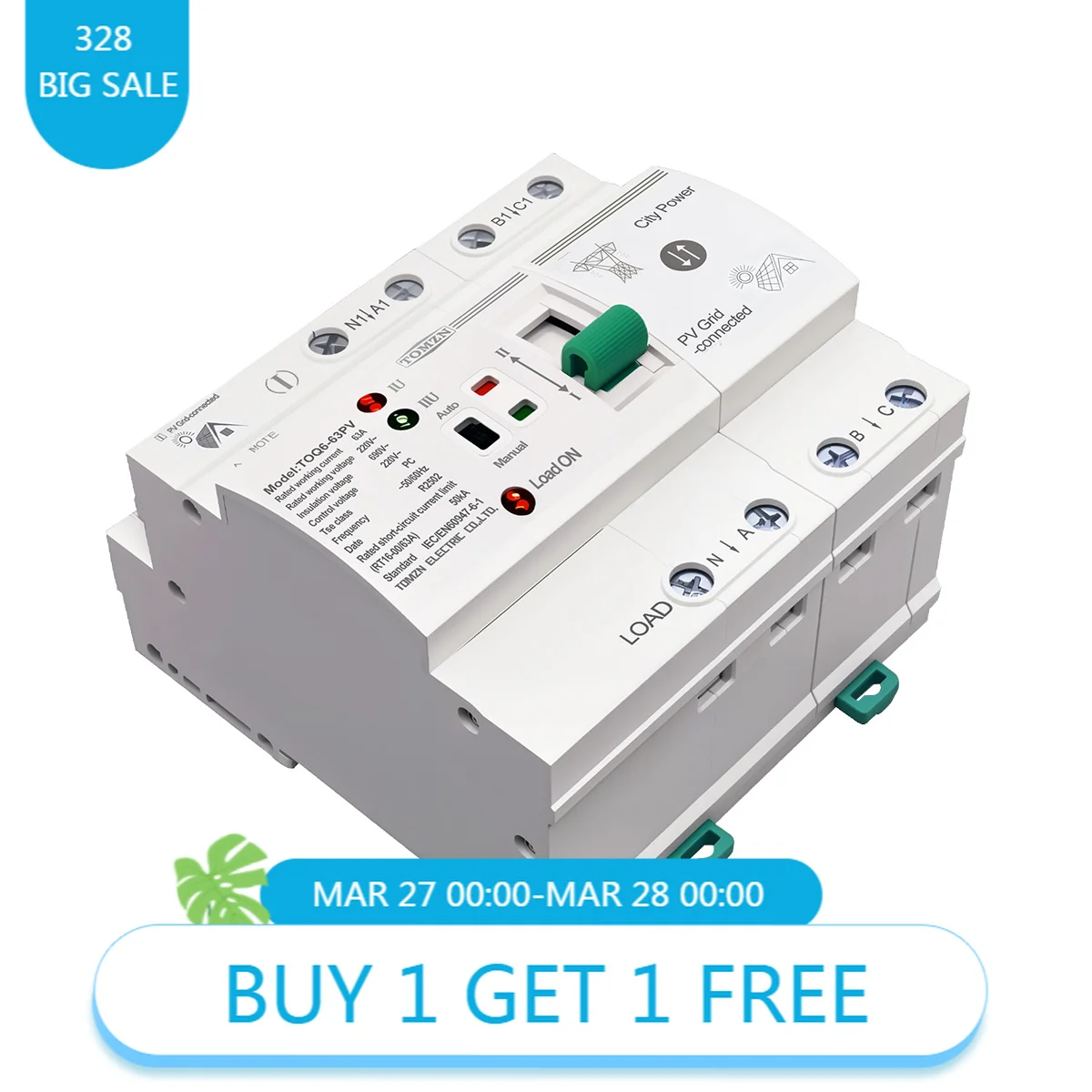 TOMZN TOQ6 4P DIN Rail ATS Dual Power Transfer Switch 220V 63A PV Selector