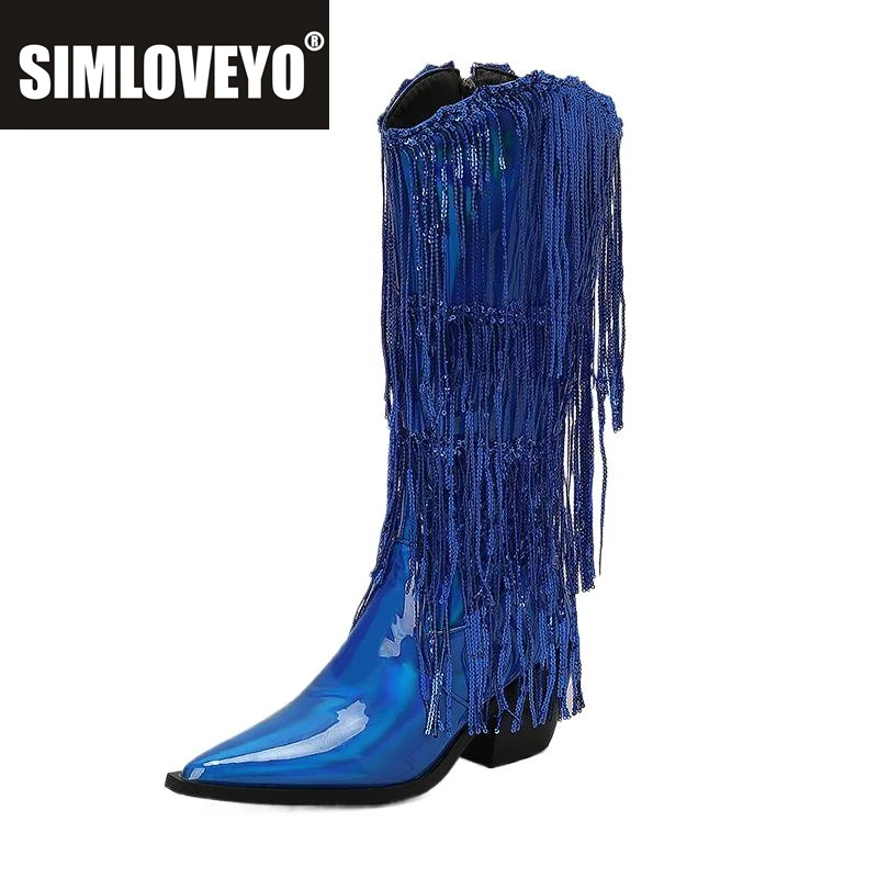 

SIMLOVEYO 2024, сапоги с бахромой, лакированные кожаные сапоги до колена с острым носком, большие размеры 6,5 см, 45–46, вечерние танцевальные сапоги до колена