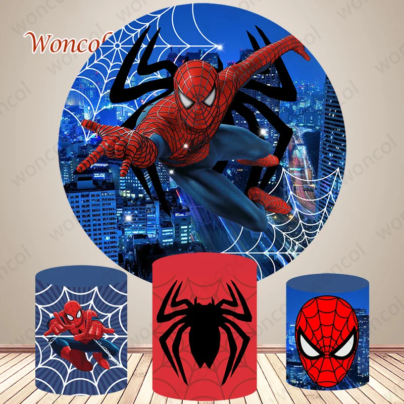 Disney Spiderman Round Cover Backdrop Child Birthday Photo Backdrop Superhero Theme Round Cylinder Cover Backdrop Photo Prop