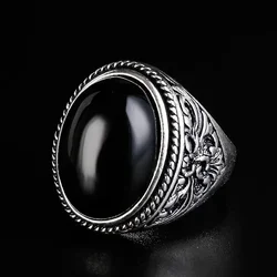 European and American Classical Vintage Black Agate Oval Ring Men's Art Carved Simple Men's Handicrafts