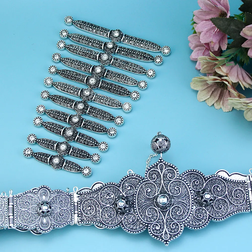 Sunspicems Chic Caucasus Bride Jewelry Set For Women Crystal Лезгинки Dress Belt Breastplate Set Antique Silver Color Turks Belt